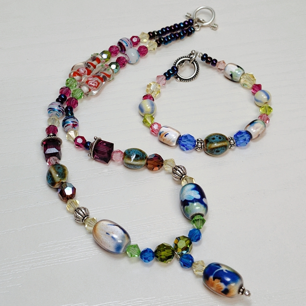 Vintage Sterling Silver Czech Murano Crystal Glass bead Necklace Bracelet Set - Picture 3 of 14